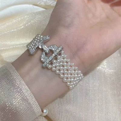 Alternative view of 【天然珍珠】美神降臨赫本風豪華七層蕾絲3-4MM淡水珍珠編織S925銀鍍白金扣手鏈項鏈（可定制長度）