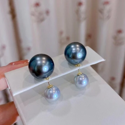 Alternative view of 【海水珍珠】可拆卸多種戴法時尚雙珠6-7MM真多麻10-11MM大溪地黑珍珠18K金耳環