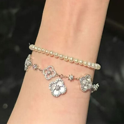 Alternative view of 【S925銀】天然粉貝白貝四葉草八芒星手鏈