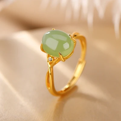 Alternative view of 【天然玉石】8*10mm蛋面碧玉S925銀鍍金活口戒指