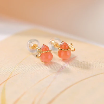 Alternative view of 【天然玉石】南紅水紅瑪瑙S925銀鍍金耳環