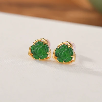 Alternative view of 【天然玉石】翡翠玫瑰花S925銀鍍金耳環