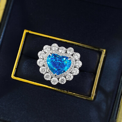 Alternative view of 【S925銀鍍白金】培育海藍寶9*11mm冰花切愛心高碳鑽戒指