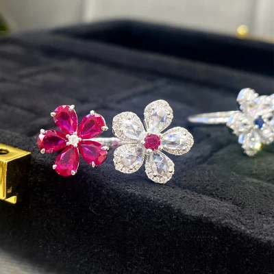 Alternative view of 【S925銀鍍白金】雙生花培育紅寶石藍寶石戒指