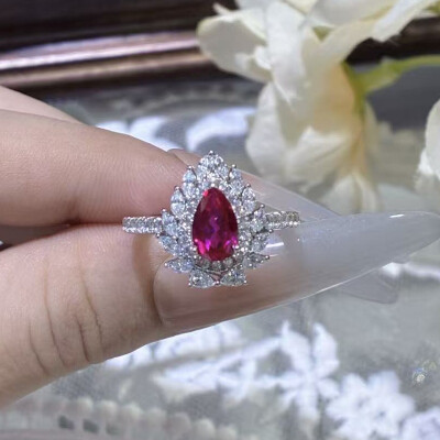 Alternative view of 【S925銀鍍白金】5*8mm水滴形培育紅寶石戒指