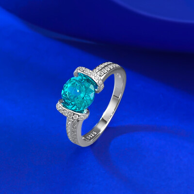 Alternative view of 【S925銀鍍白金】藍綠色&粉色7mm圓形培育帕拉伊巴戒指