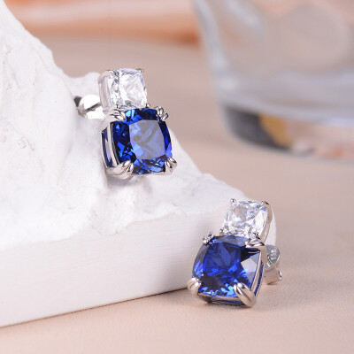 Alternative view of 【S925銀鍍白金】培育紅寶石藍寶石10*10mm方形耳環