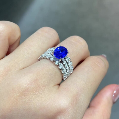 Alternative view of 【S925銀鍍白金】2克拉蛋形7*9mm培育藍寶石三層戒指