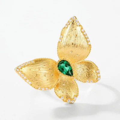 Alternative view of 【S925銀鍍金】培育祖母綠意大利拉絲金色蝴蝶開口戒指