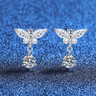 Alternative view of 【莫桑鑽】馬眼鑽小蜻蜓50分+50分圓鑽S925銀鍍鉑金耳環