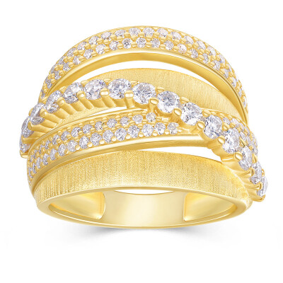 Alternative view of 【莫桑鑽】高奢感交叉排鑽意大利拉絲七層電鍍厚金戒指