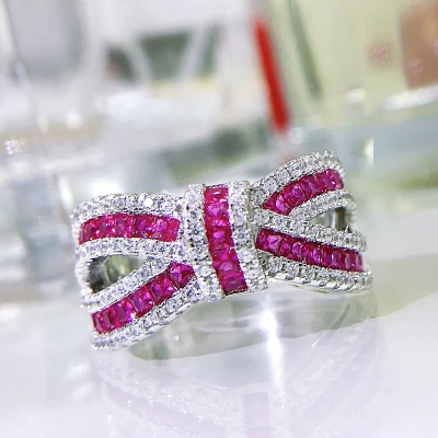 Alternative view of 【S925銀鍍白金】紅剛玉立體蝴蝶結滿鑽戒指