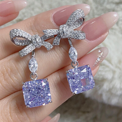 Alternative view of 【S925銀鍍白金】冰花切方形高碳鑽可拆卸兩戴蝴蝶結耳環