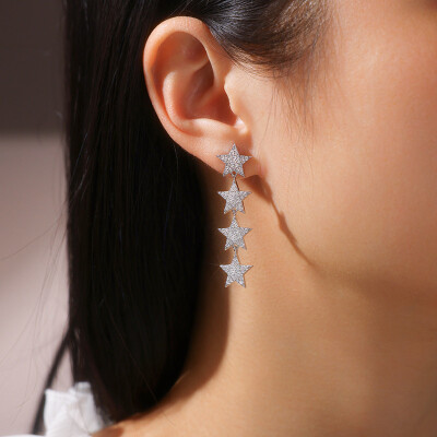 Alternative view of 【莫桑鑽】208粒豪華滿鑽星星長款流蘇S925銀鍍白金耳環