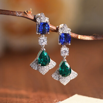 Alternative view of 【S925銀鍍白金】高級豪華培育鑽耳環6mm培育藍寶石6*8mm水滴培育祖母綠