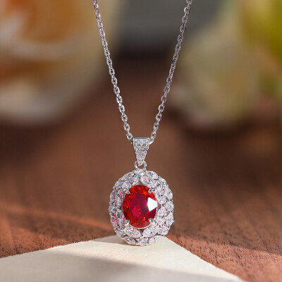 Alternative view of 【S925銀鍍白金】2克拉培育鴿血紅寶石蛋形豪華鑲邊項鏈/耳環/戒指