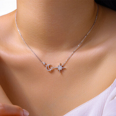 Alternative view of 【莫桑鑽】星月同行滿鑽星星月亮S925銀鍍白金項鏈
